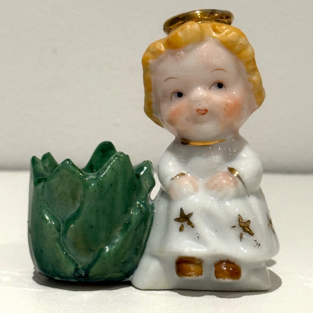 Vintage Japan Ceramic Christmas Angel Figurine with Green Planter